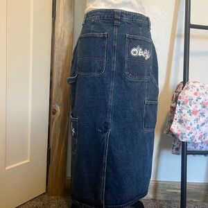 Obey Women's Dark Denim Blue Maxi Carpenter Skirt Y2K 90s Embroidered Details